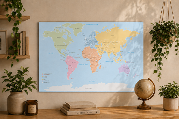 Česká mapa světa 90 × 60 cm na KAPA desce včetně připínáčků